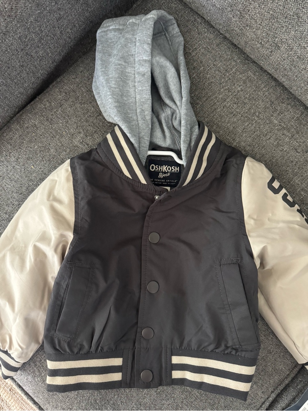 OshKosh B'gosh Hooded Varsity Jacket for Kids in Dark Grey and Cream